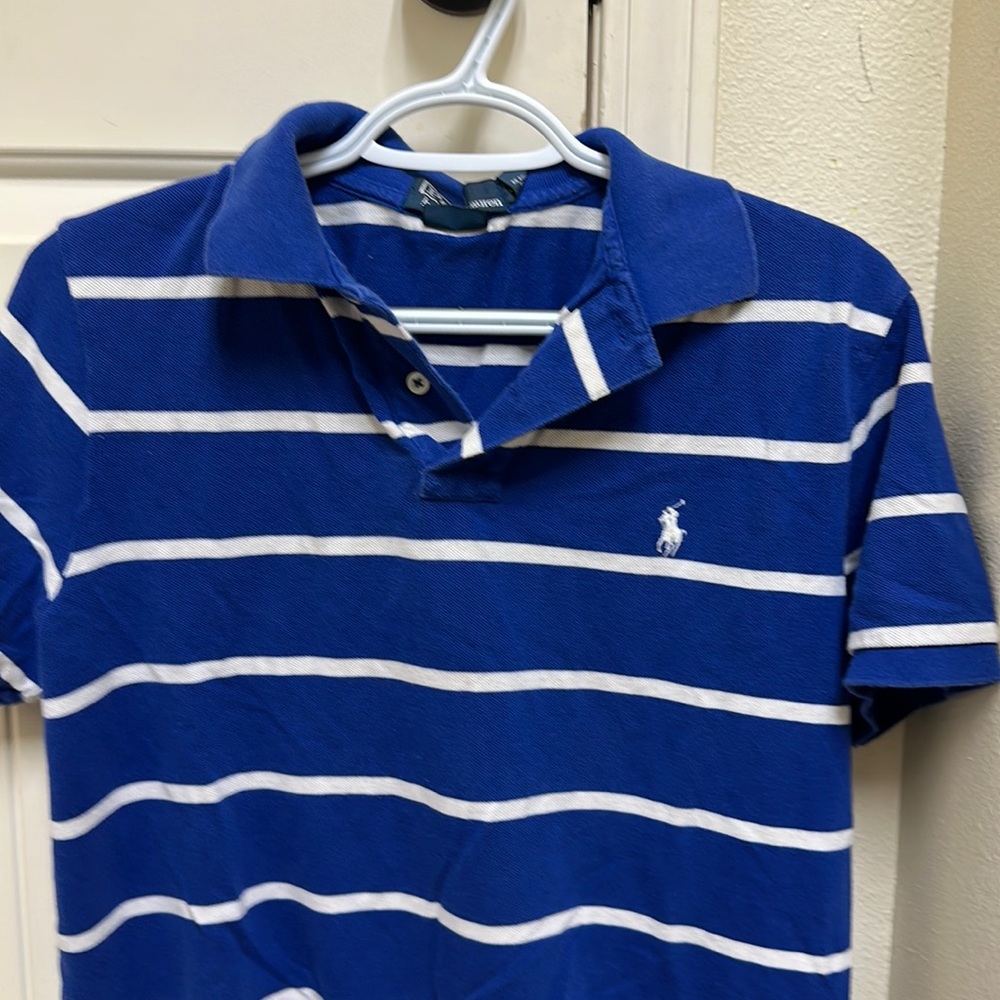 Medium size blue/white stripe Ralph Lauren polo shirt custom fit